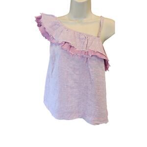 Anthropologie Ruffled Linen One-Shoulder Top MP M PETITE boho glam frill summer